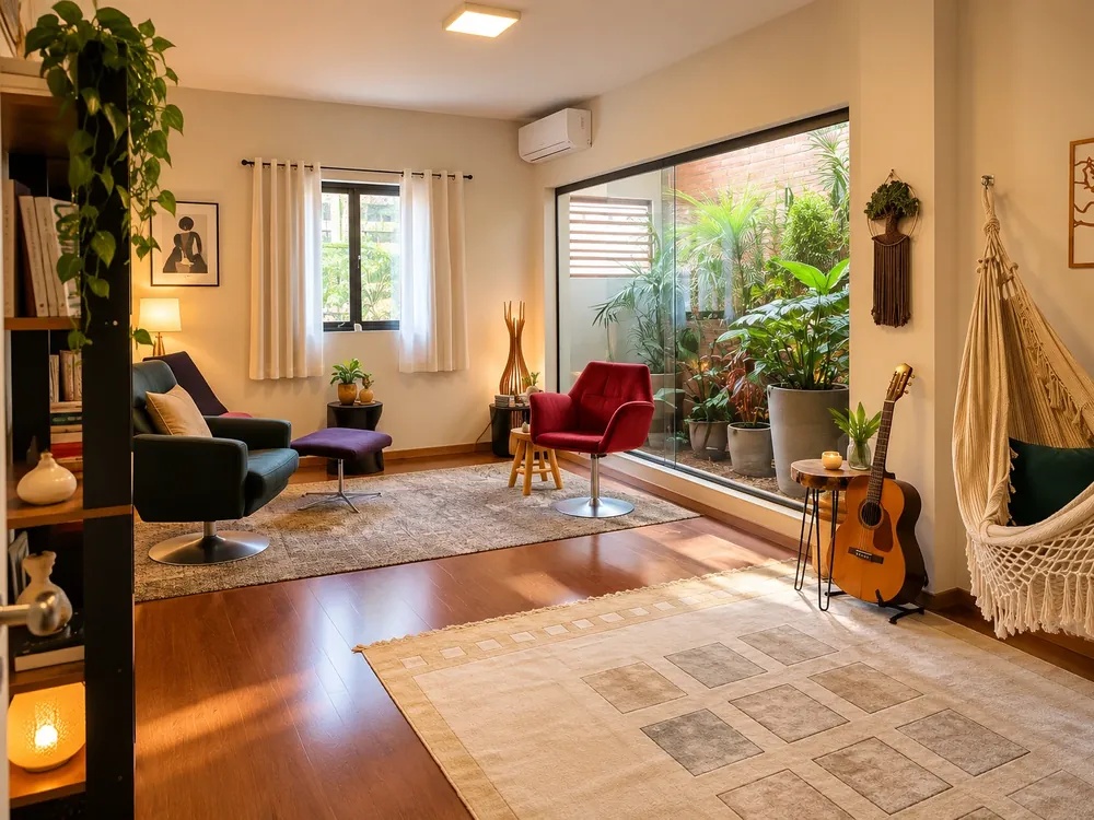 Sala de atendimento do consultório na Chácara Santo Antônio, com poltronas, rede e jardim de inverno