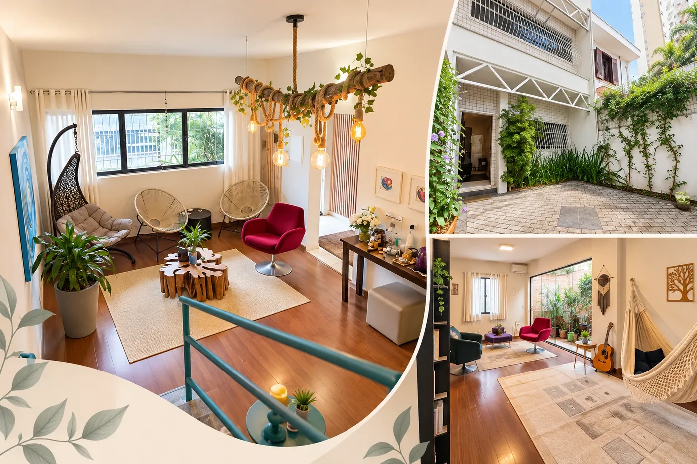 Consultório na Chácara Santo Antônio: recepção com luminária de madeira, fachada com jardim e sala de atendimento com rede e jardim de inverno