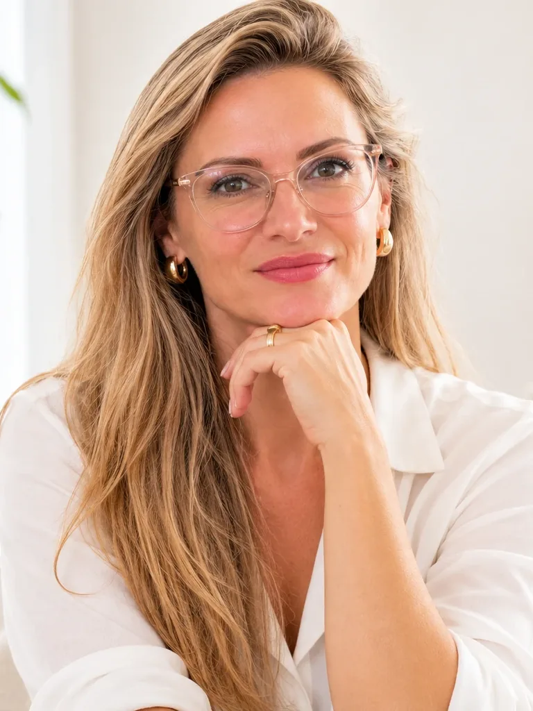 Psicóloga Marcia Alflen sorrindo, com a mão apoiada no queixo, em consultório claro